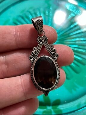 Vintage Bali Style Sterling Silver 926 Smokey Quartz Pendant
